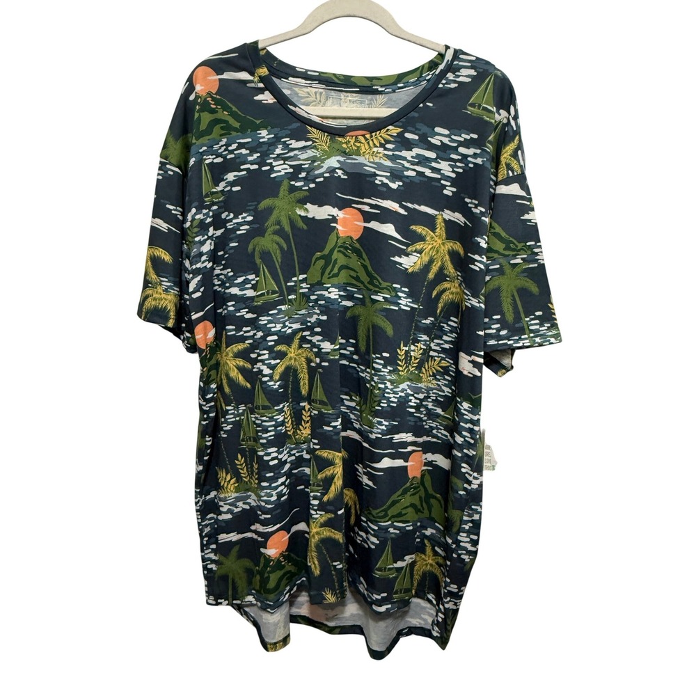 LuLaRoe Hudson 2XL Mens Tropical Island Palm Tree Sailboat Navy Blue T-Shirt NWT